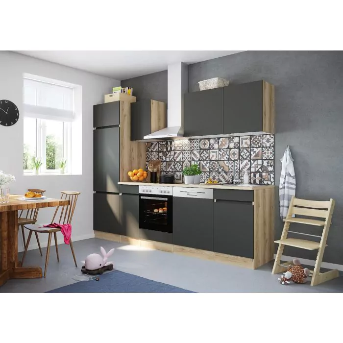 Optifit NOAH 270cm keuken met oven, keramische kookplaat, koelkast en vaatwasser / Antraciet KitchenettesDirect
