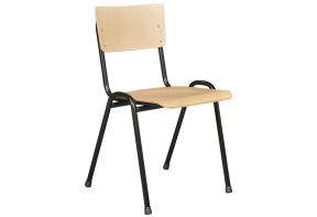 Stapelbare houten schoolstoel met zwart frame.