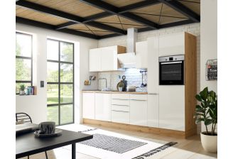 Rechte complete keuken 310 cm houten ombouw witte hoogglans fronten BEMA310H