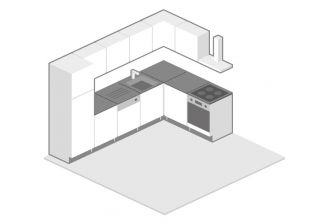 projectkeuken, keuken hoek opstelling, tekening