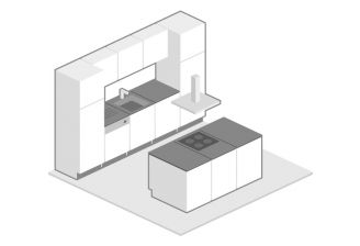 projectkeuken, keuken eiland opstelling, tekening