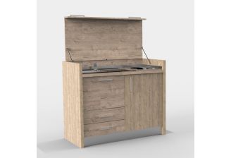 Mini keuken in hout kleuren, af te sluiten met een klep