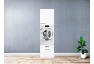 Waskamer opstelling klick voor wasmachine of droger met onderkast en boven kast. Witte ombouw en frontjes.
