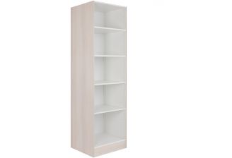 Hoge garderobekast Klick  voor/zij aanzicht met licht houten ombouw en legplanken. Zonder deur.