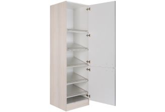 Hoge schoenen opbergkast Klick open voor/zij aanzicht met houten ombouw en antraciete frontjes. met 5 planken voor schoenen.