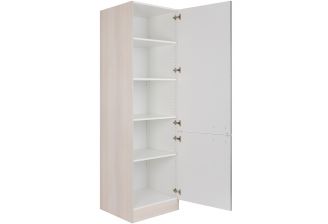 Hoge garderobekast Klick binnen/zij aanzicht met licht houten ombouw en antraciete frontjes. Met legplanken en deur