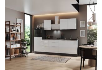 RSH280GWH rechte keuken grijs wit met apparatuur en hoge koelkast