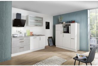 Meister Design-H keuken Beton - dubbelwandig - 350cm wit - met apothekerskast in 2 losse delen opgesteld in een appartement