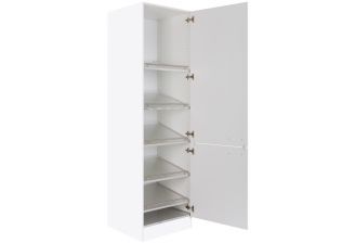 Hoge schoenen opbergkast Klick open voor/zij aanzicht met witte ombouw en frontjes. met 5 planken voor schoenen.