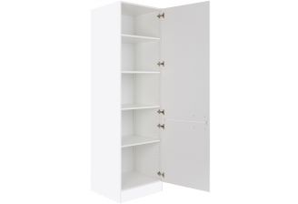 Hoge garderobekast Klick binnen/zij aanzicht met witte ombouw en frontjes. Met legplanken