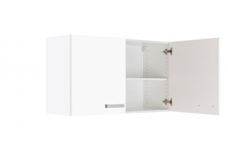 Zij en binnen aanzicht Klick dubbele bovenkast 100 cm witte ombouw met witte frontjes. Met aluminium look handgrepen en legplanken.