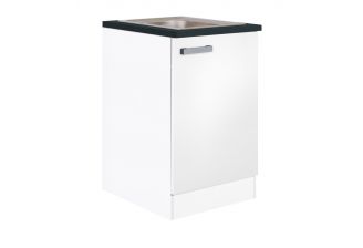 Zij aanzicht Klick onderkast met spoelbak 50 cm witte ombouw en wit frontje. 
