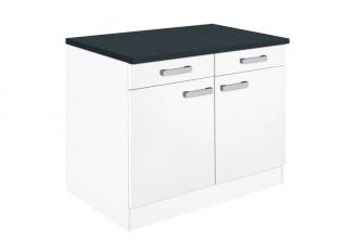 Zij en binnen aanzicht Klick dubbele onderkast 100 cm witte ombouw met witte frontjes. Met aluminium look handgrepen en twee lades